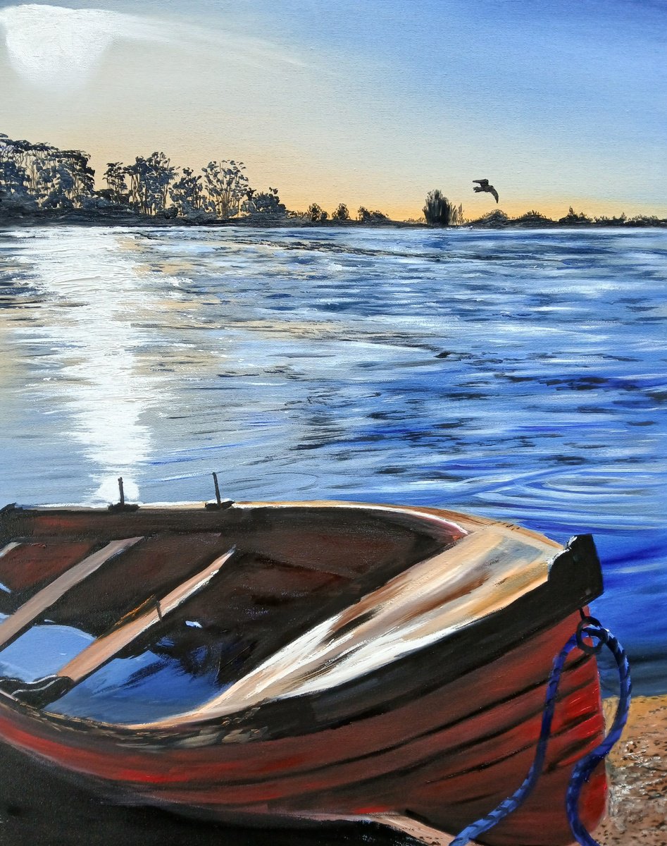 Photorealistic Landscape Oil Painting By Cathal Gallagher, 24 X 30, Sunset Boat, Original Artwork