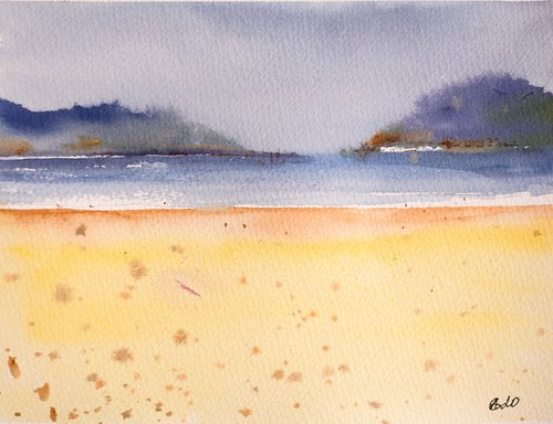 San Sebastian (Donostia) beach with moody sky. Small watercolor painting landscape sky impressionistic nature blue sky highway road Spain Travel trip yellow by Sasha Romm