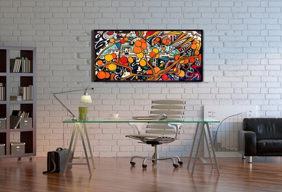 Orange cityscape #4 - original acrylic on edged canvas - pop abstraction 80 x 40 cm  (31' x 16' )