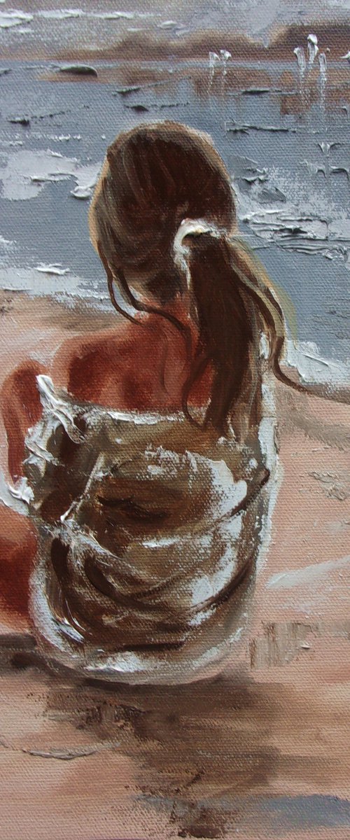 " ON THE OTHER SIDE ... " SUN SKY SEA SAND liGHt  ORIGINAL OIL PAINTING, GIFT, PALETTE KNIFE by Monika Luniak