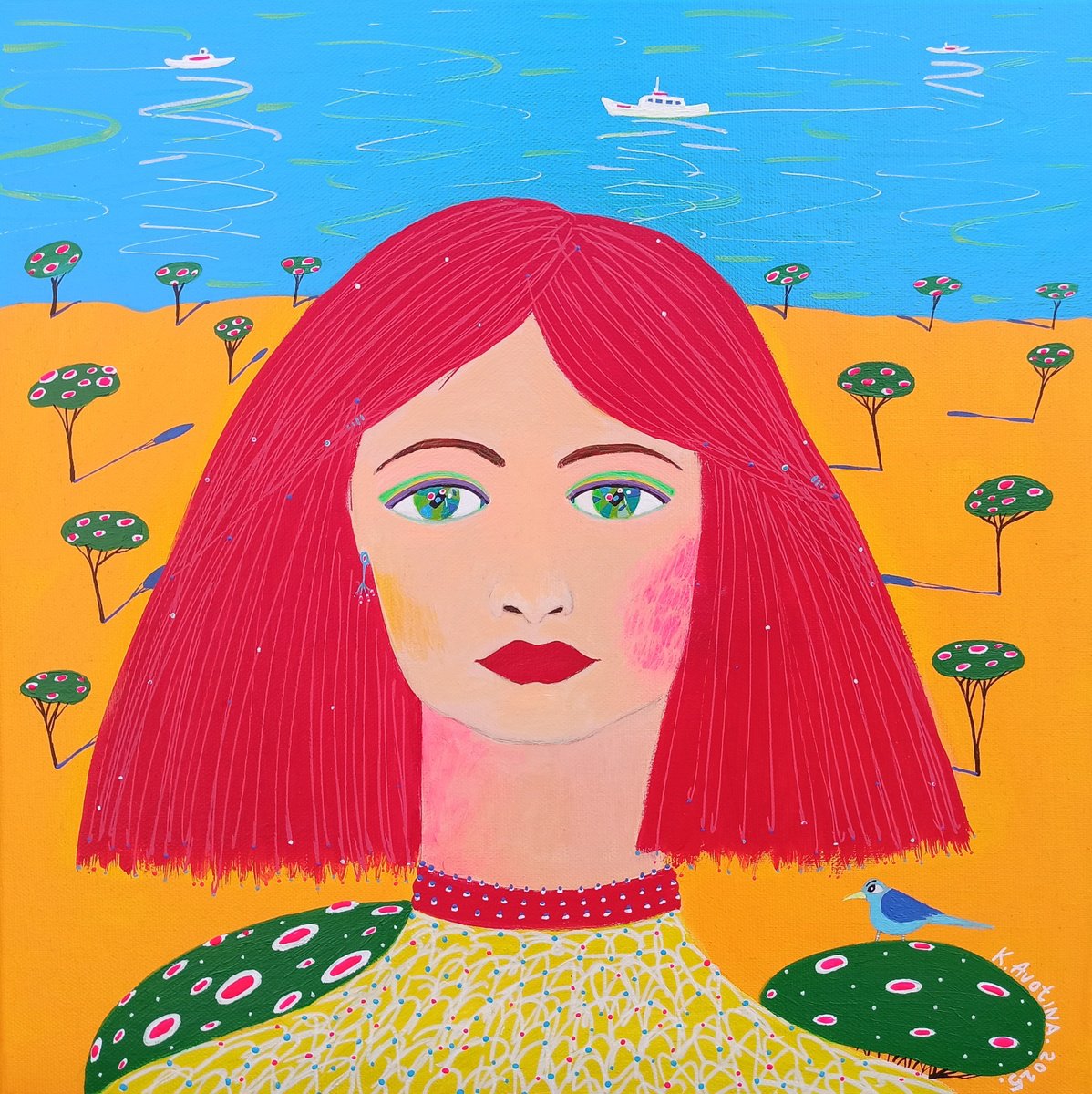 Impressionistic Portrait Acrylic Painting By Katrina Avotina, 16 X 16", The Girl With An Ocean Eyes, Original Artwork