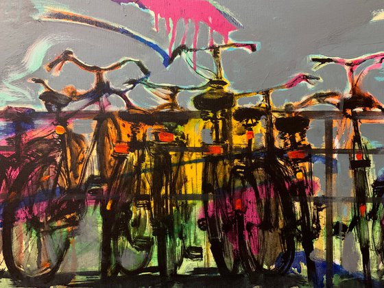 Big painting - "Amsterdam" - Girl - Bikes - Bicycle - Diptych - Pop Art - Urban