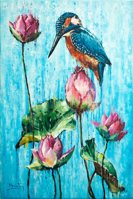 Kingfisher with water lilies