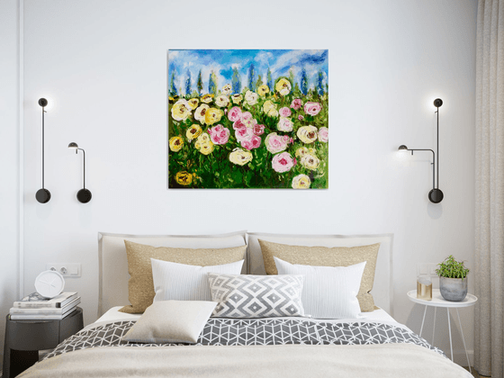 WHITE PINK YELLOW  ROSES landscape with  cypress trees palette  knife modern still life  flowers office home decor gift