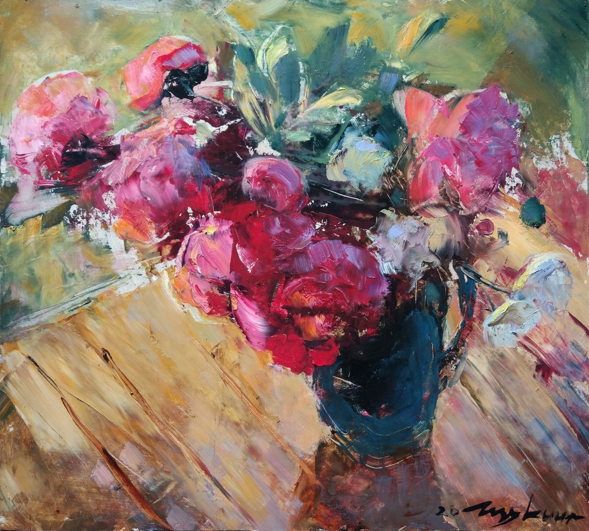 Expressive Still Life Oil Painting By Helen Shukina, 22 X 20, Evening Still Life. Peonies, Original Artwork