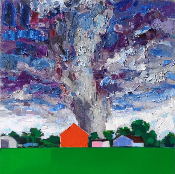 LANDSCAPE WITH VERMILION BARN AND TORNADO
