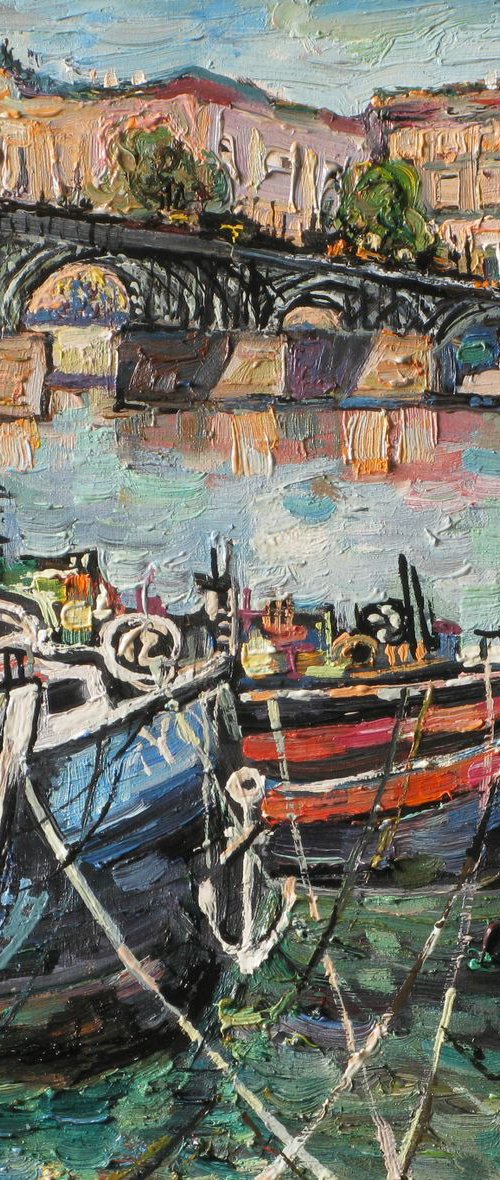 Barges on the Quai de Conti. by Nikifor Swiristuhin