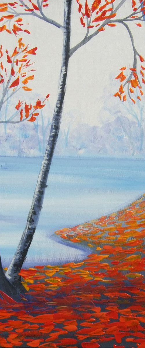 Autumn forest painting landscape blue orange decor original art 40x40x2 cm acrylic stretched canvas wall art by Ksavera