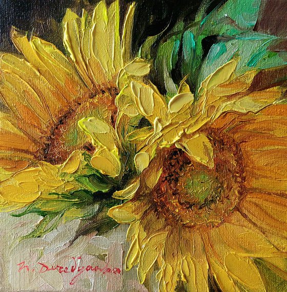 Yellow flowers couple, Oil painting original, Sunflowers canvas art