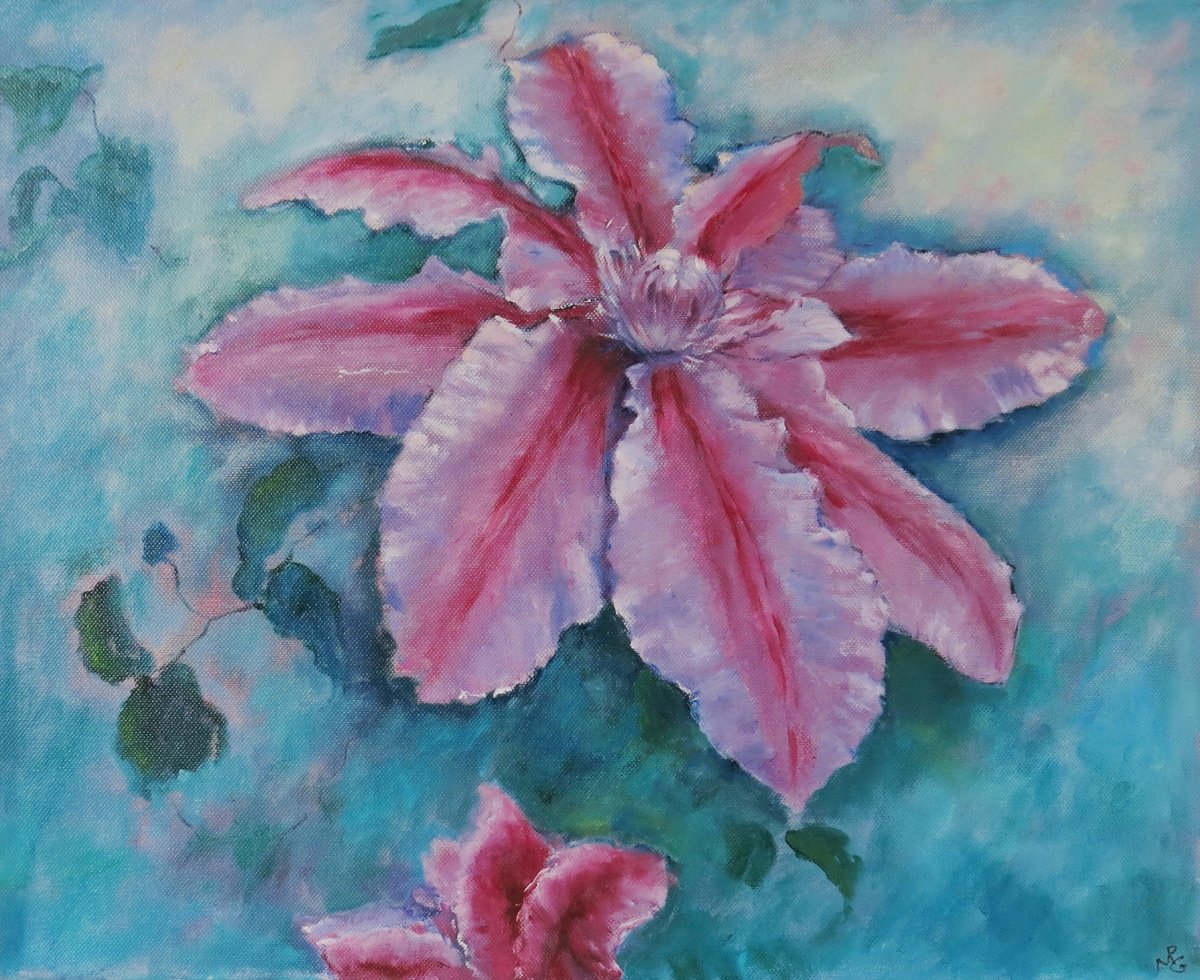Impressionistic Botanical Oil Painting By Maureen Greenwood, 20 X 16", Clematis - Bees Jubilee, Original Artwork
