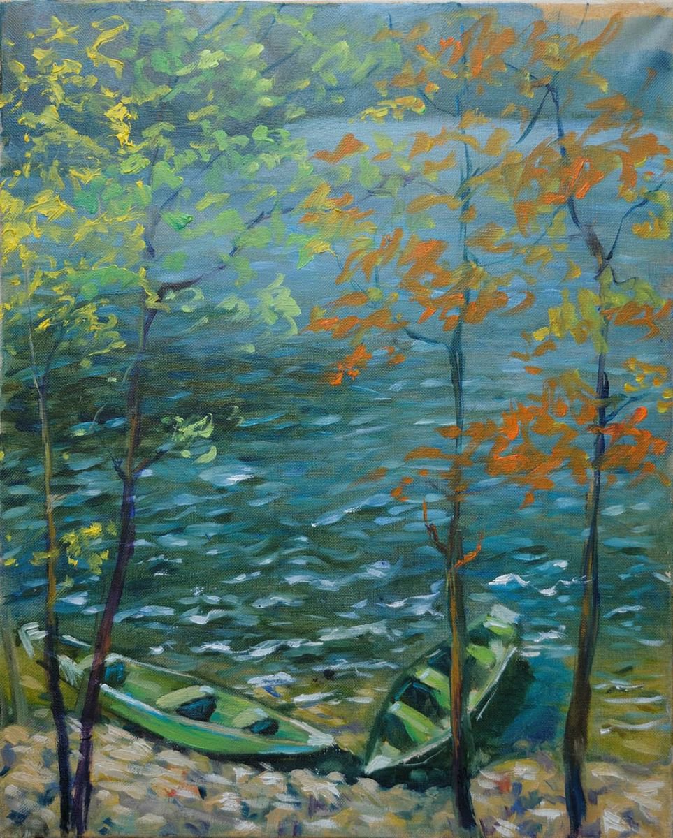 boats river mountains autumn fall original modern impressionistic painting by Nataliia Nosyk