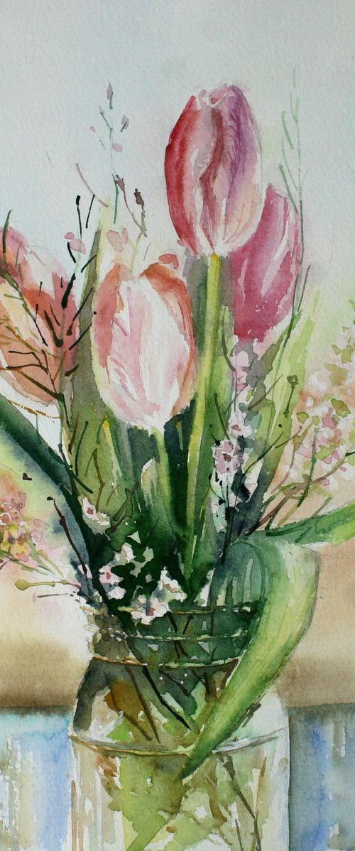 Original watercolor hand painting Bouquet of tulips, floral fine art, flowers wall art, spring wall decor, artwork, gift for women by Alina Shmygol