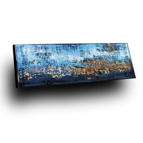 DISTANT VIEW * 71" x 23.6" * ABSTRACT ACRYLIC PAINTING ON CANVAS *** BLUE * WHITE * GOLD