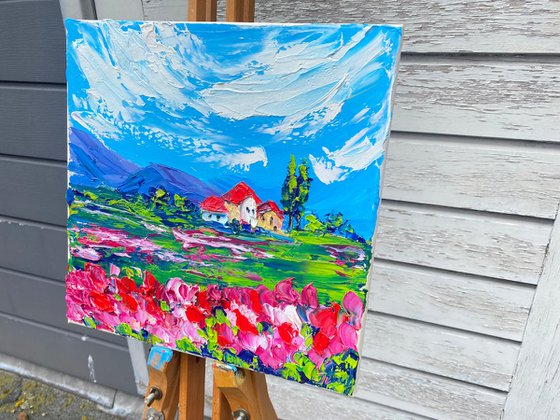 The small house in the valley among the flowers. Impasto painting