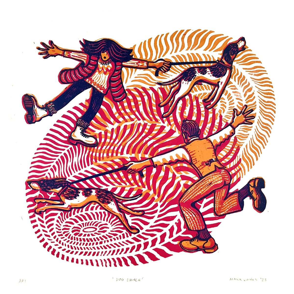 Graphic Portrait Linocut By Mark Howard Jones, 17 X 17", Dog Dance, Original Artwork