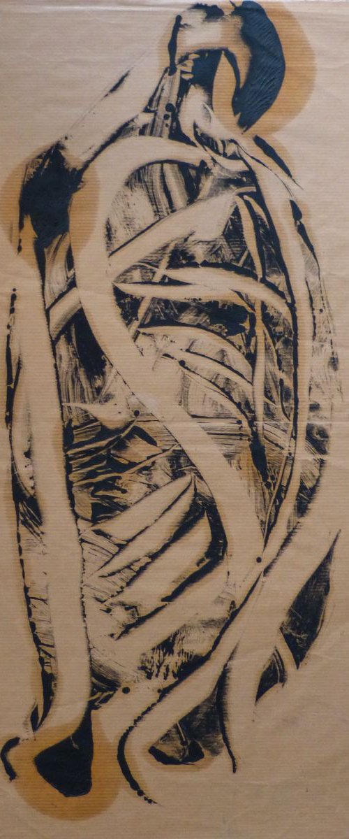 Abstract dynamic, monoprint on brown paper, 60x49cm by Frederic Belaubre