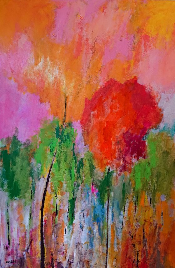 Autumn tree (a love couple among the forest), Original abstract painting, Ready to hang