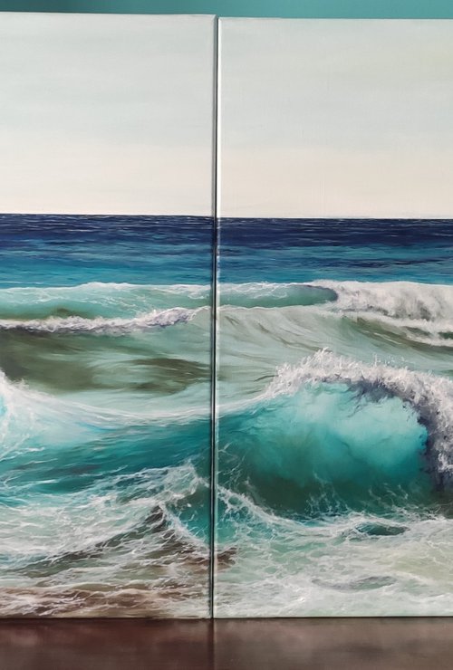 Two of us - stunning wave diptych painting by Gianluca Cremonesi