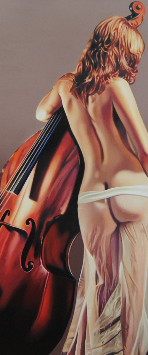 Nude with a double bass Commissioned Portrait, Made to Order Painting, Hyperrealistic Art by Valeri Tsvetkov