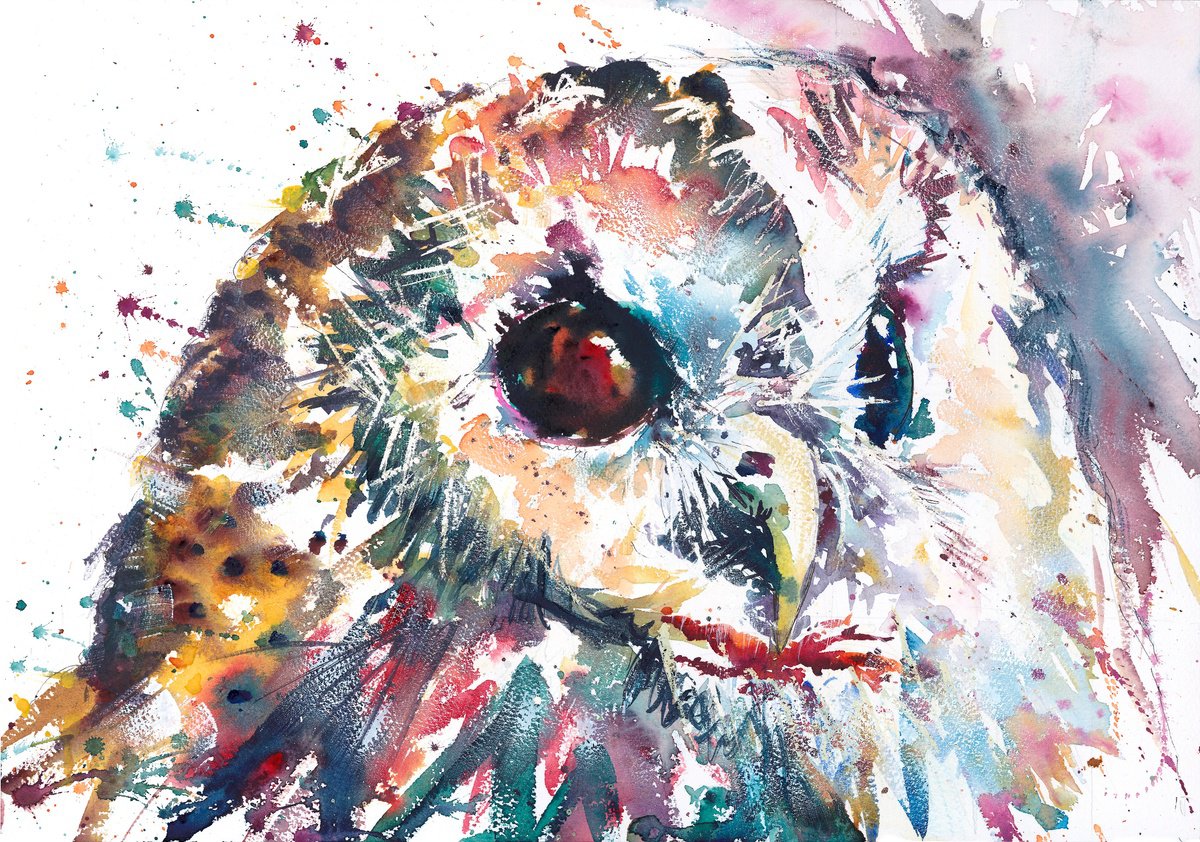 Expressive Animal Watercolour By Natalie Bowden, 20 X 14", Beady Owl, Original Artwork