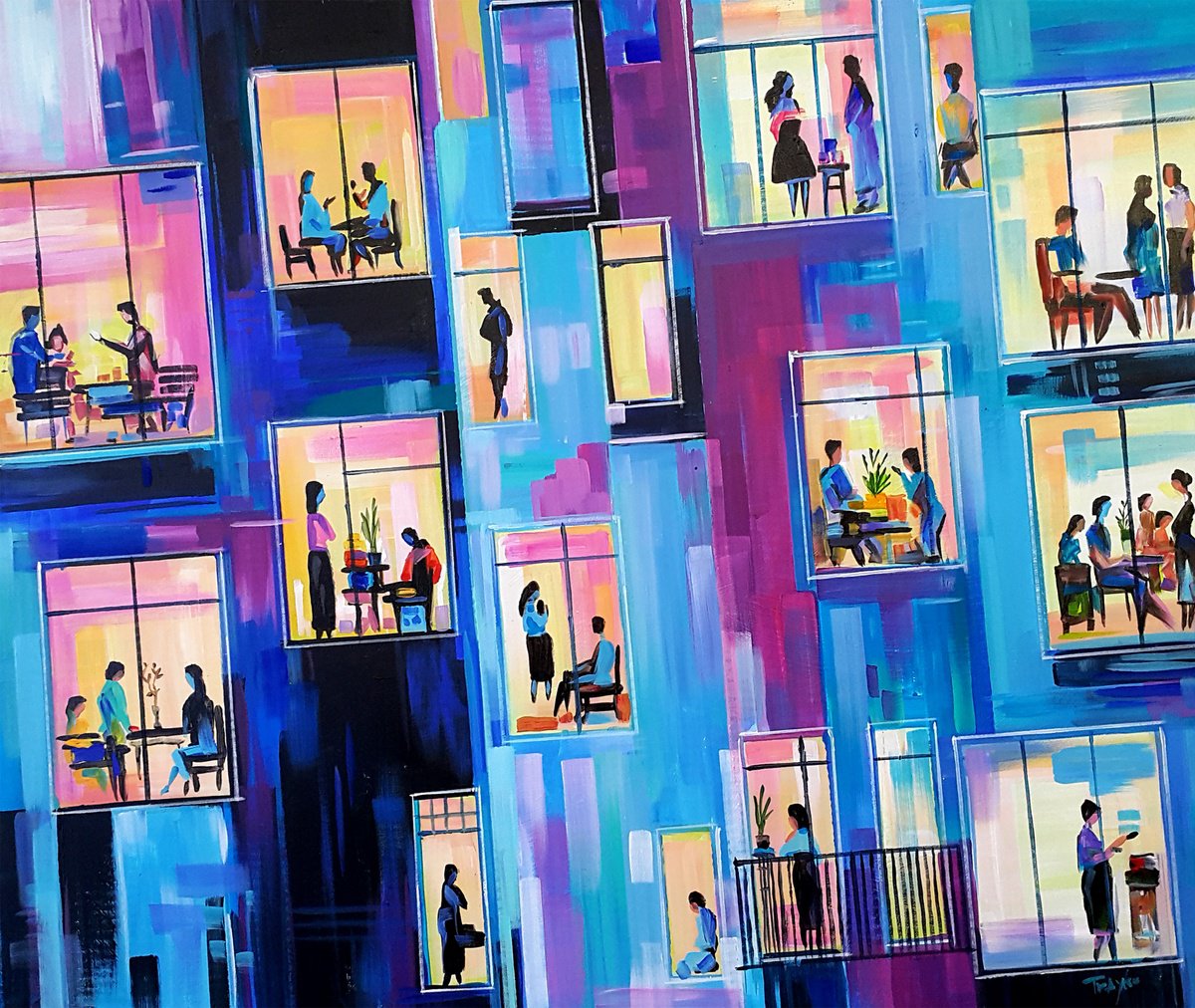 Abstract Portrait Acrylic Painting By Trayko Popov, 39 X 33", Windows Of The City, Original Artwork