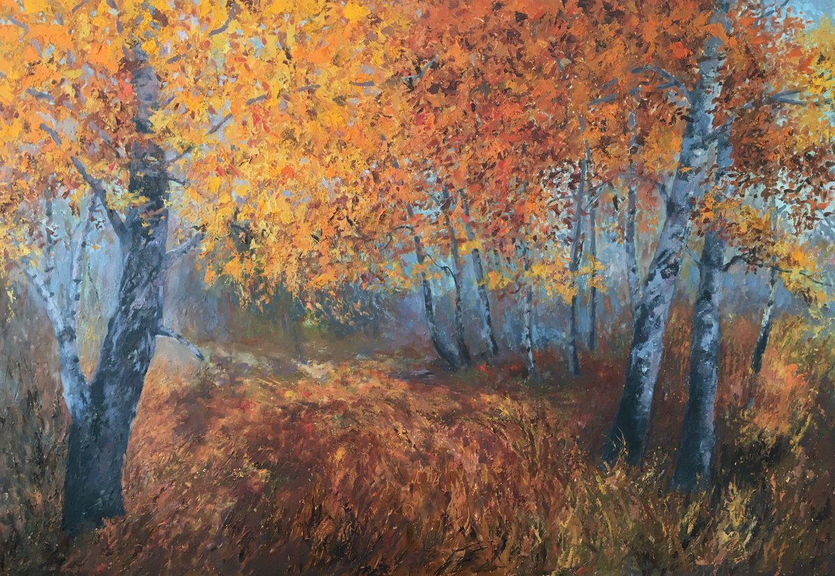 Golden trees, Autumn landscape, Realistic Landscape, knife palette by Leo Khomich
