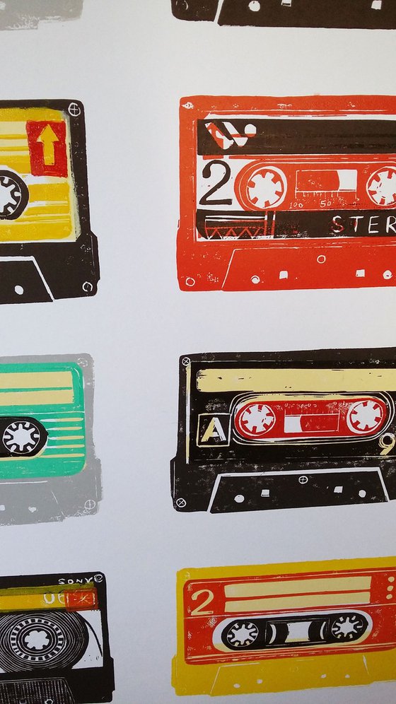 Linocut tapes #47 (cassette tapes, retro music, 70's, 80's rock culture)