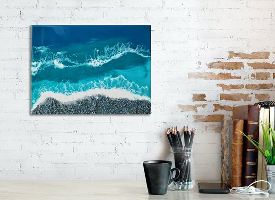 Blue shell beach - original seascape epoxy resin artwork