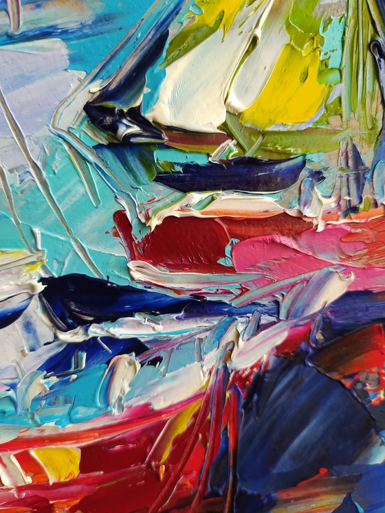 Expressive yachts - yacht, oil painting, yacht club, seascape, sea with yachts, yacht original painting, gift, impressionism, palette knife