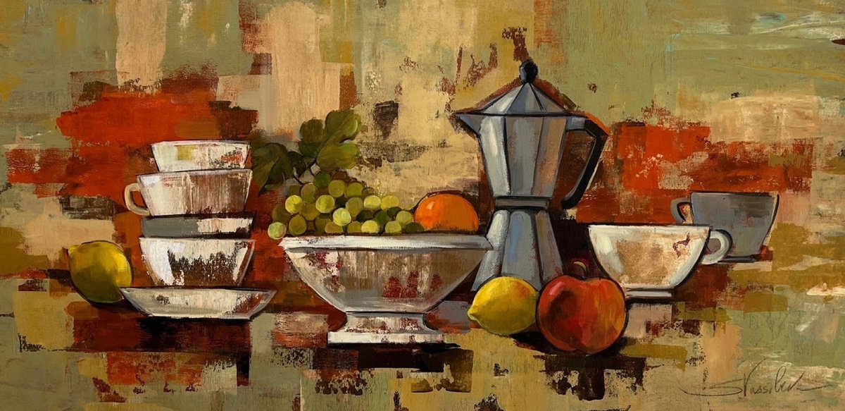 Expressive Still Life Acrylic Painting By Silvia Vassileva, 36 X 18", Coffee Time, Original Artwork