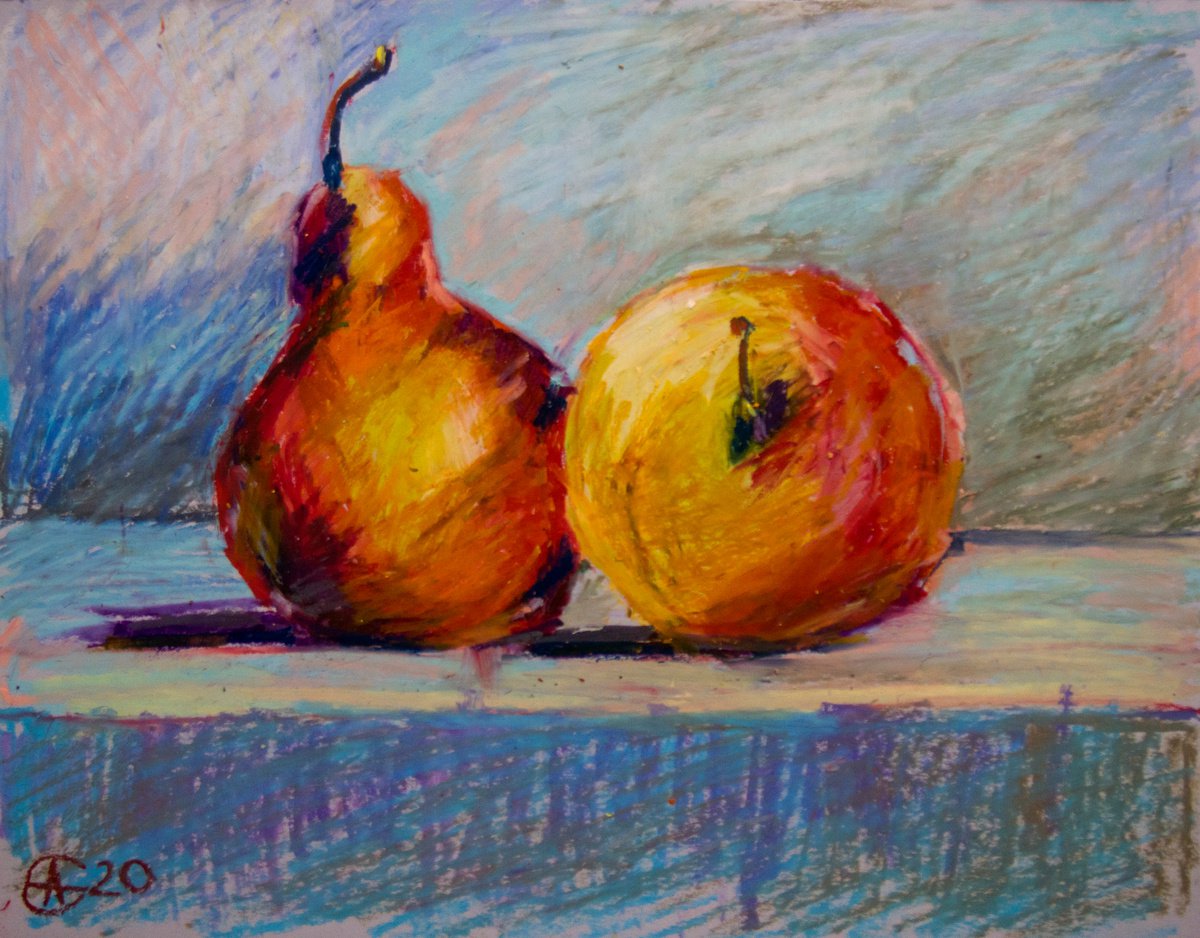 Still life with apple and pear. Home isolation series. Oil pastel painting. Small still li... by Sasha Romm