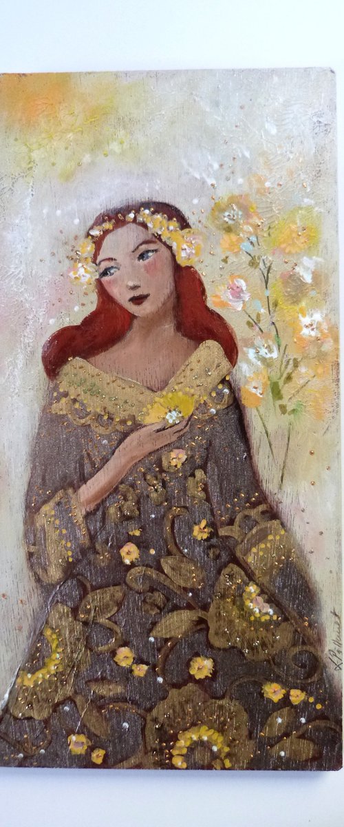 A day of June 15 x 30 cm Romantic redheaded woman on wood. by Loetitia Pillault