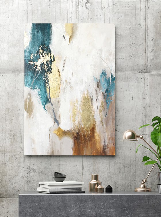 "Emerald Flow" Teal brown gold abstract art
