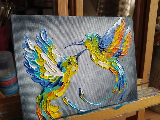 Lovers - oil painting, hummingbird, birds, love, animals oil painting, art bird, impressionism, palette knife, gift.