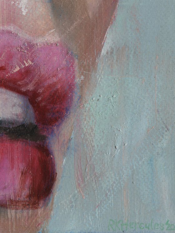 pink lips woman female portrait blue background oil on paper