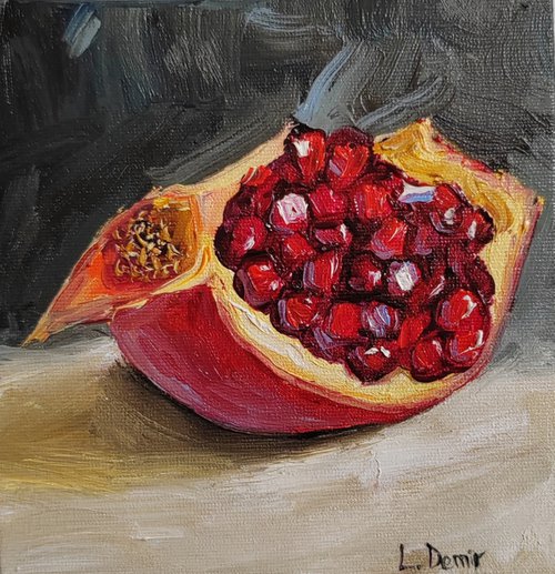 Pomegranate fruit still life oil painting realistic citrus wall decor 4x4" by Leyla Demir