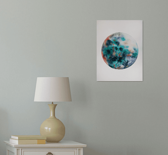 Green Moon Original Watercolor Painting, Golden Lunar Wall Art, Celestial Bedroom Decor