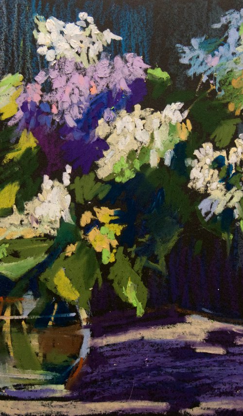 Still life with lilac. Home isolation series. Oil pastel painting. Small interior travel decor gift spain shadow original impression flower still life by Sasha Romm