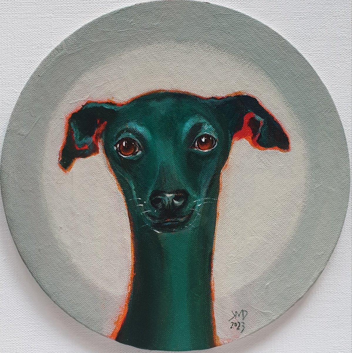 Expressive Animal Acrylic Painting By Ksenia June, 8 X 8", Find Me And Take Me Home Whippet Portrait, Original Artwork
