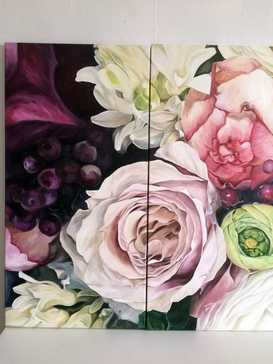 Oil Painting Triptych with flowers "Soul notes" 160*80 см