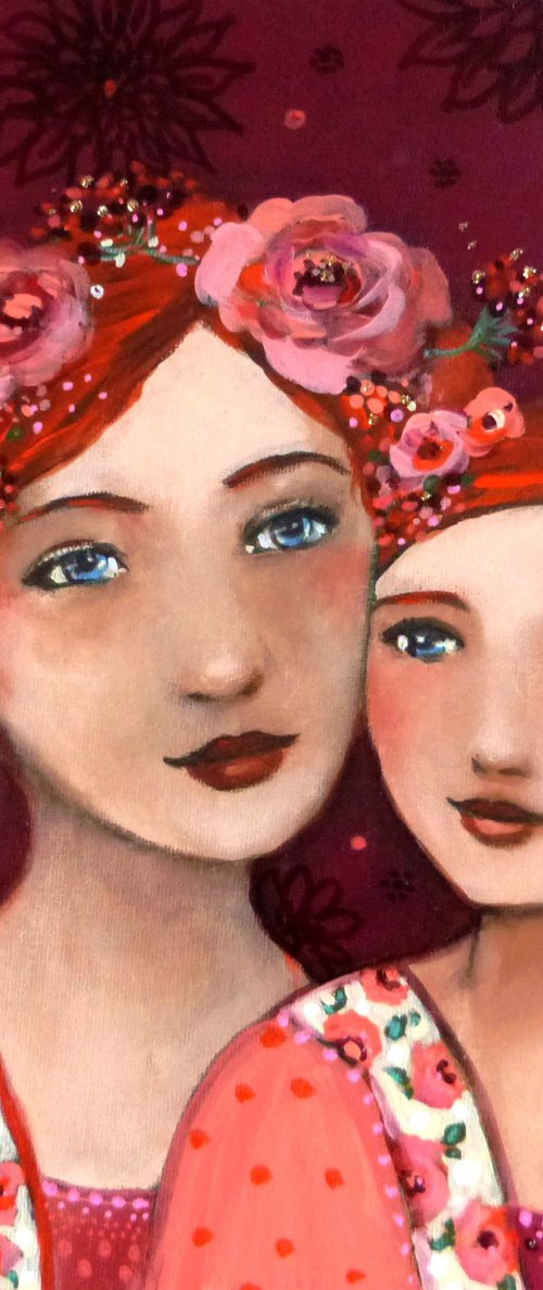 "Tender Expectations". Portrait of two sisters 30 x30 cm by Loetitia Pillault