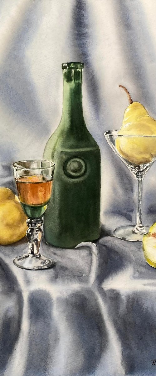 Pears wine, watercolour painting by Natalia Butenko