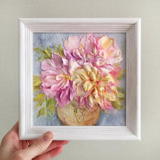 Blush pink and yellow peony bouquet sculpture painting