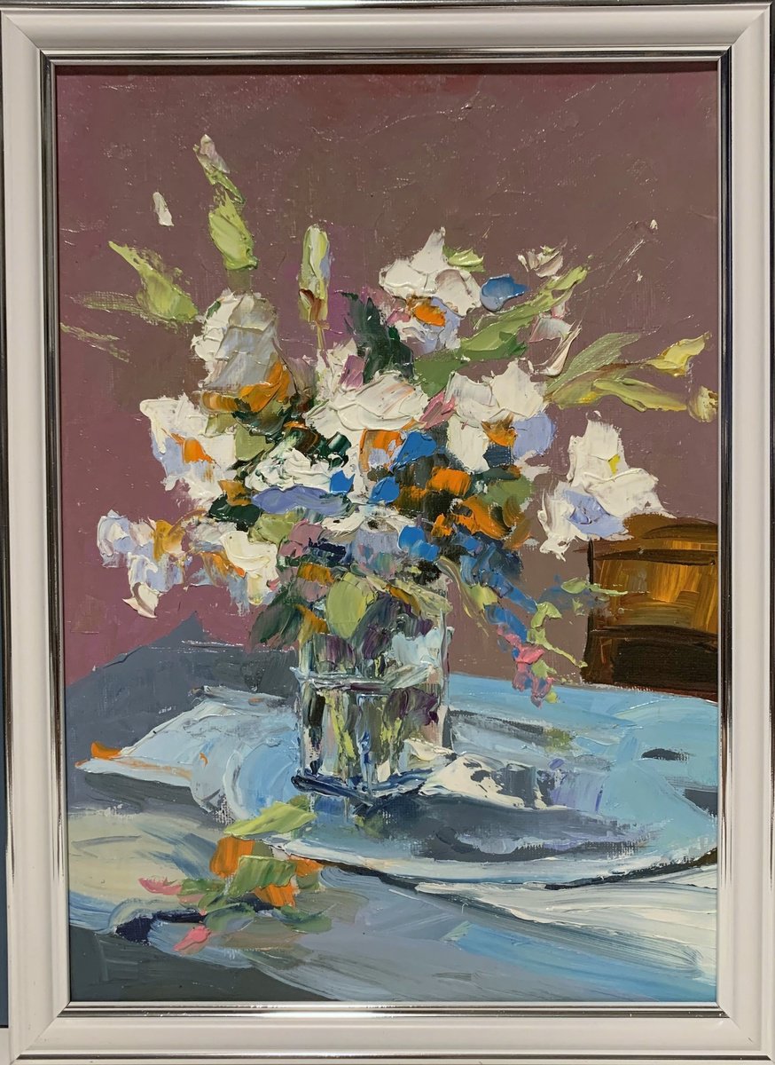 Original Oil Painting - White Flowers in a Glass Vase. by Vita Schagen