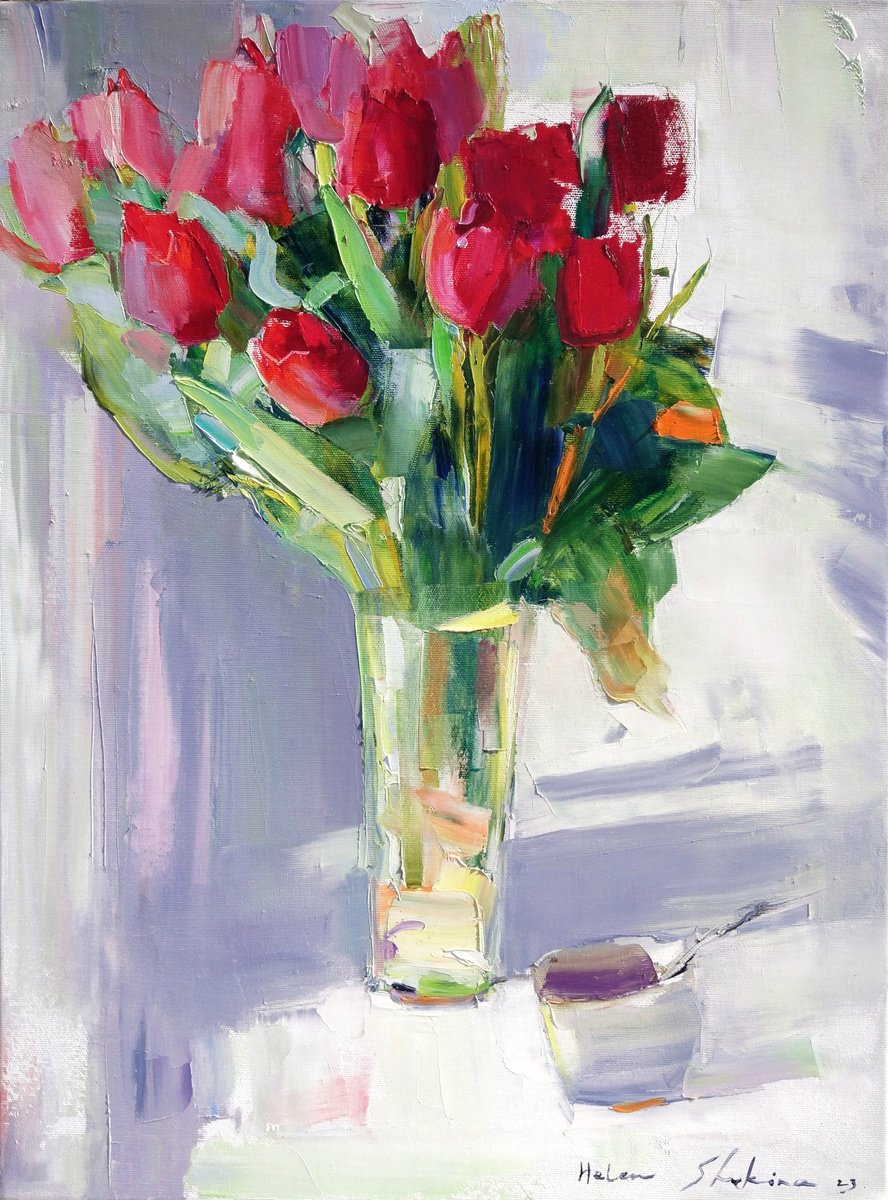 Tulips on white . Bouquet a la prima . Original oil painting by Helen Shukina