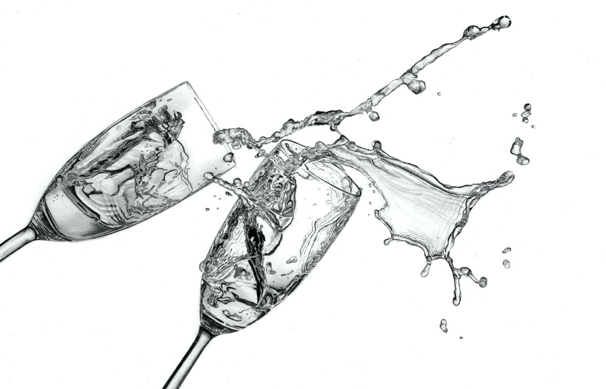 Photorealistic Still Life Pencil Drawing By Paul Stowe, 18 X 12", Champagne Splash #2, Original Artwork
