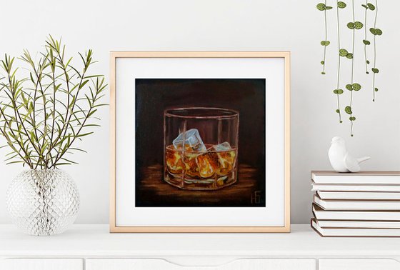 Ice and whiskey, Whiskey Painting Bourbon Original Art Ice Wall Art Cocktail Artwork