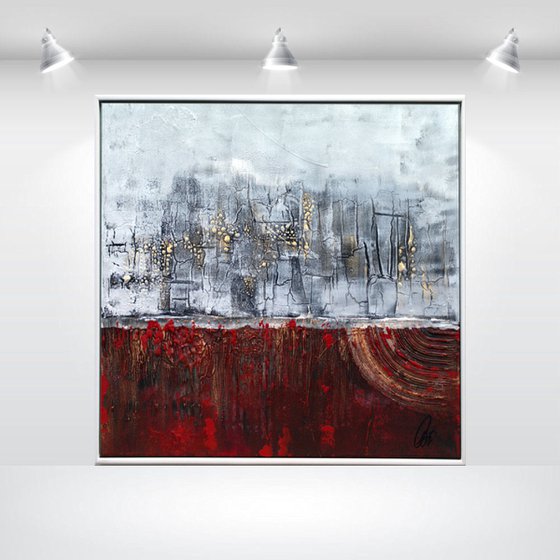 Gold on Red  - abstract acrylic painting, canvas wall art, red grey, framed modern art