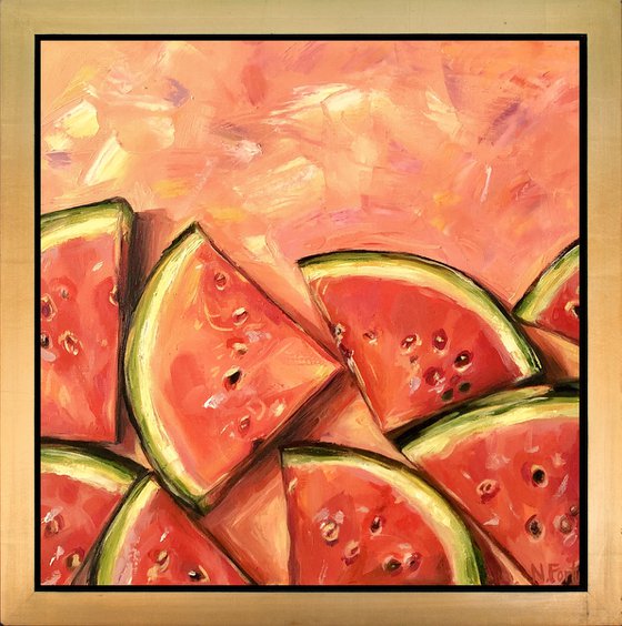 WATERMELON SUGAR, Original Orange and Pink Vibrant Watermelon Still Life Oil Painting