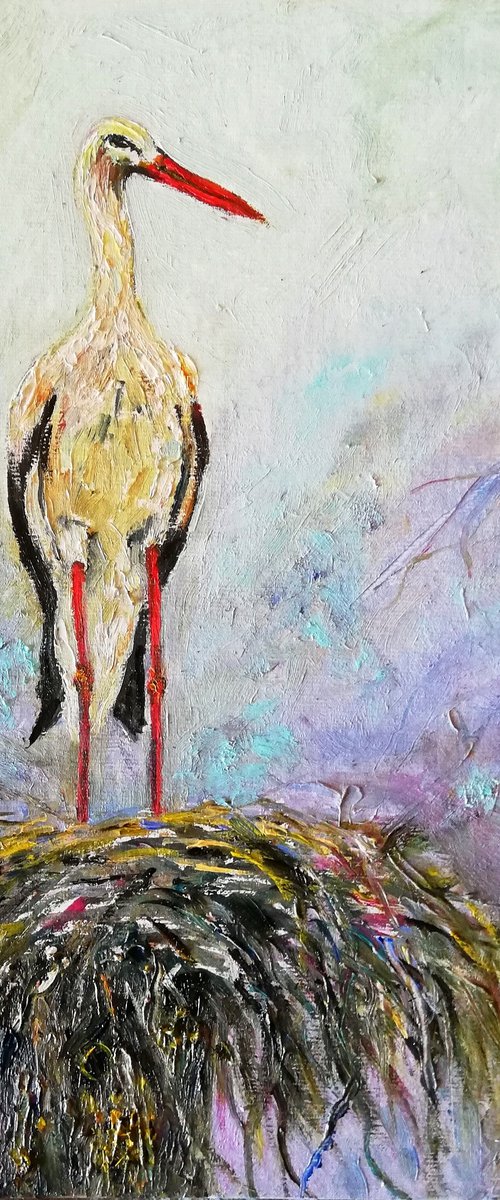 "Before the Flight" Stork Original Oil Painting 10x7" by Katia Ricci